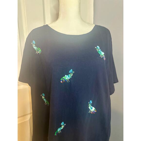 Talbots 2x T-Shirt Top Peacock Beaded Sequins Short Sleeve Navy Womens - Picture 2 of 6